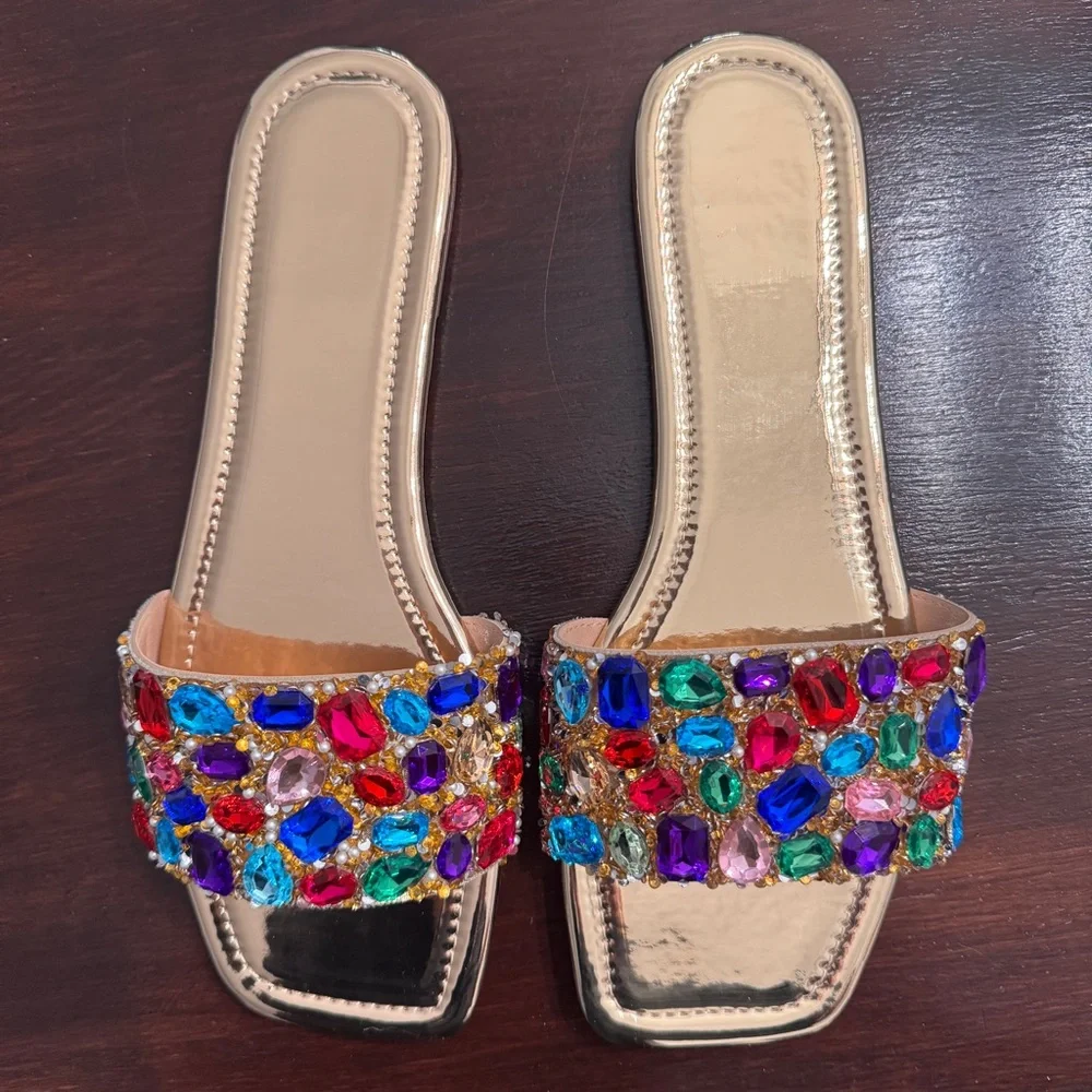 Embellished Gold Slide Sandals - Picture 1 of 8